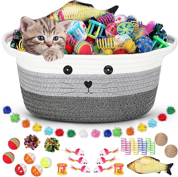 Zopeal 58 Pcs Easter Cat Storage Basket Gift Toys Set, Colorful Flashing Balls Pet Bell Crinkle Balls Spring Toys Attract Cat to Swat, Hunt, Interactive for Pet(Multicolor,12 Inch)