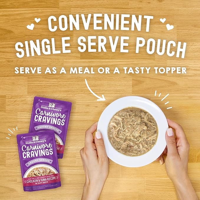 Stella & Chewy's Carnivore Cravings Wet Cat Food - Premium Pouches - Grain Free, High Protein Chicken & Tuna - Perfect For Picky Eaters - Complete Meal or Topper (2.8 oz, 24 Pack)