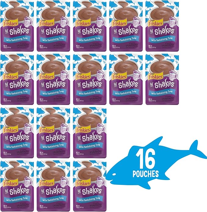 Purina Friskies Pureed Cat Food Topper, Lil’ Shakes With Tantalizing Tuna Lickable Cat Treats - (Pack of 16) 1.55 oz. Pouches
