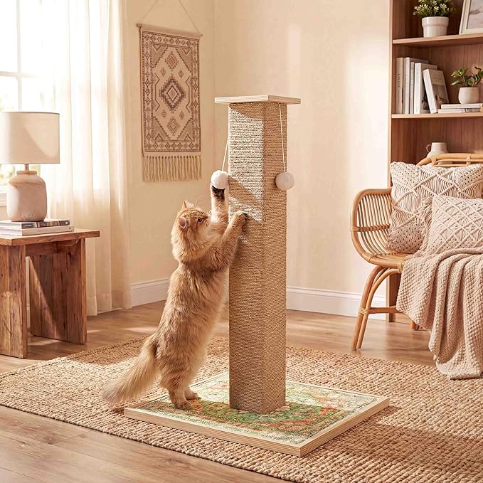 Tall Cat Scratching Post, 33" Boho Carpet Cat Scratcher with Perch for Indoor Cats, Large Base Sisal Scratch Post for Adults & Kittens with Dangling Ball Toy