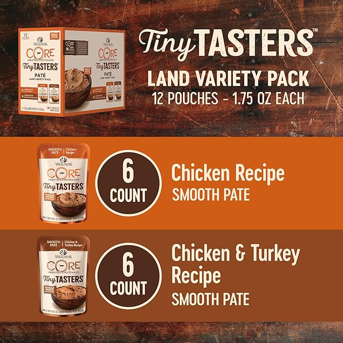 Wellness CORE Tiny Tasters Wet Cat Food Pate, Seafood & Poultry Variety Pack Bundle, 1.75-Ounce Pouches (Pack of 24)