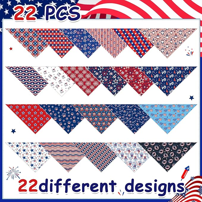 22Pcs 4th of July Dog Bandanas Bulk Independence Day Dog Bandana Adjustable Triangle Reversible Pet Accessories Patriotic American Flag Puppy Scarf for Small Medium Large Dogs Cats Memorial Day Supply