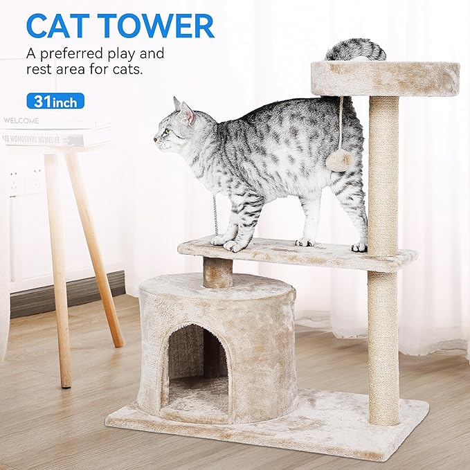 31.3" Cute Small Cat Tree Tower, 4-in-1 Multi-Level Cat Furniture Activity Centerl with Cat Scratching Post,Cave & Cozy Perch,Interactive Dangling Ball for Indoor Kittens/Cats