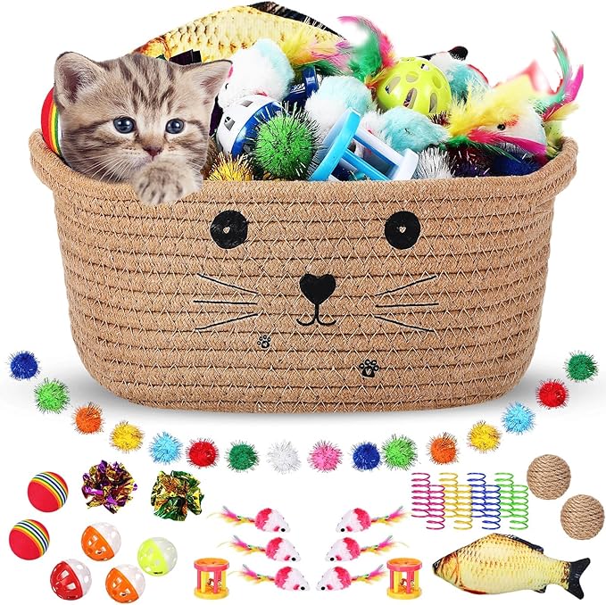Zopeal 58 Pcs Easter Cat Storage Basket Gift Toys Set, Colorful Flashing Balls Pet Bell Crinkle Balls Spring Toys Attract Cat to Swat, Hunt, Interactive for Pet(Khaki,9.8 Inch)