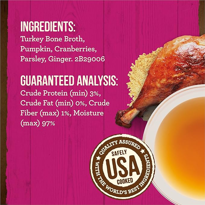 Merrick Grain Free Bone Broth, Premium Human Grade and Gluten Free Dog and Cat Food Topper Pouches, Turkey - 16 oz. Pouch (Pack of 3)