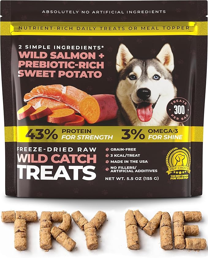 Wild Catch Treats – Freeze Dried Salmon & Sweet Potato Dog Treats – Single Protein, 43% Protein, 3% Omega-3 – Raw Training Treats & Meal Topper – Grain Free – 5.5 oz (300 Count)