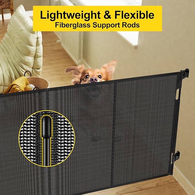 Reinforced 42” Tall x 100” Extra Wide Retractable Baby Gates for Doorways Extra Tall Pet Gate with Rods to Prevent Crawling Through, Dog Gate for Large Openings Extra Long Mesh Gate, Black