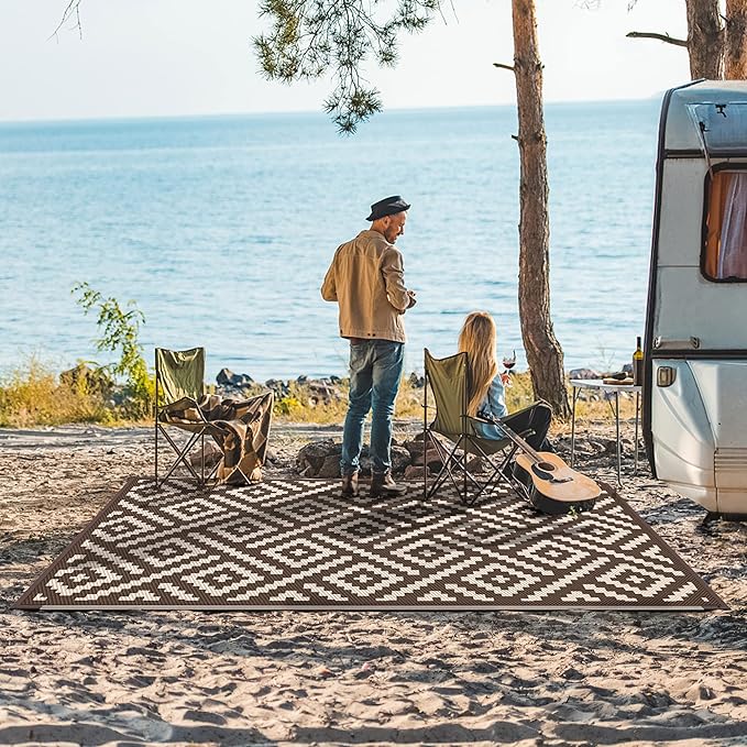 GENIMO Outdoor Rug for Patio Clearance, 8'x10' Waterproof Camping Mat, Reversible Plastic Straw Rugs for RV, Camper, Balcony, Backyard, Picnic, Deck (Coffee & Beige)