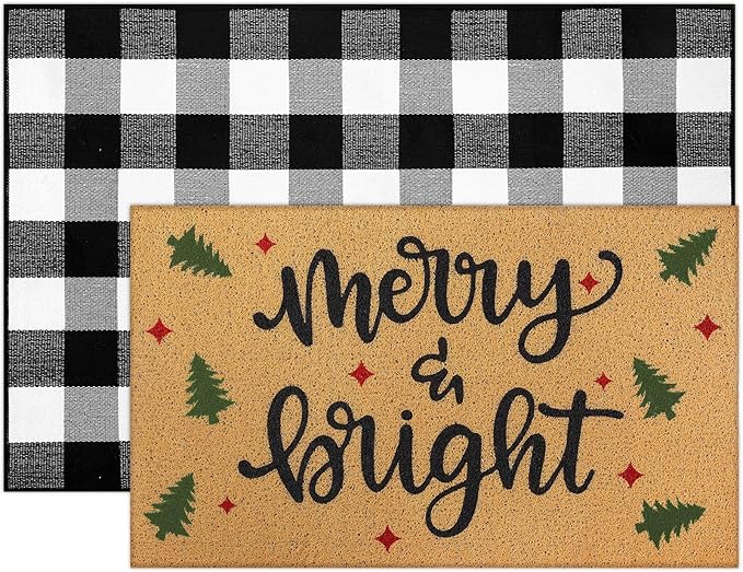 Tinideya 2 Pcs Christmas Welcome Door Mat Merry Bright Outdoor Welcome Mats for Front Door Non Slip Xmas Tree Coir Floor Mat Black White Check Christmas Rug for Outside Front Porch Entryway Decor