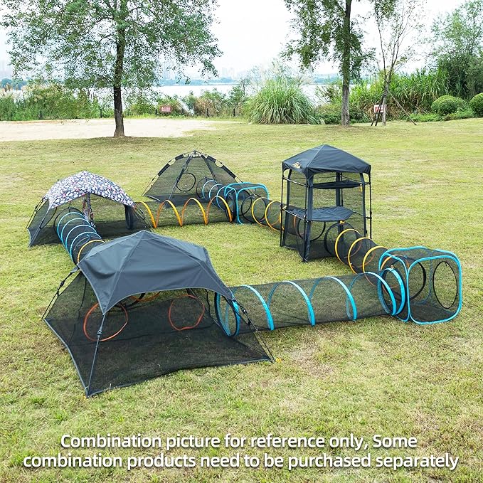 Collapsible Cat Play Tunnel & House for Indoor/Outdoor, Easy Connect with Cat Tent (2 Cubes + Run Tunnel)
