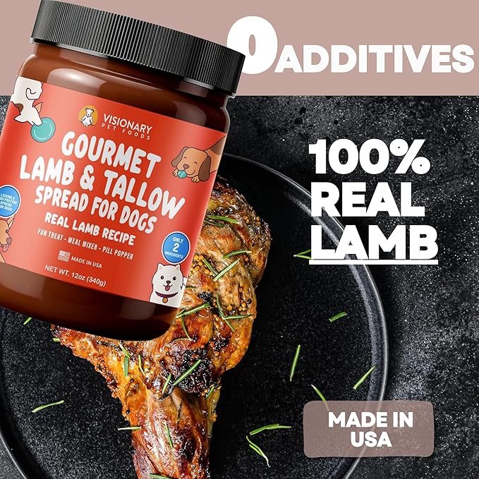 Visionary Pet Foods Lamb and Tallow Meat Spread, Dog Safe - Natural Peanut Butter Alternative - Digestive Support, No Additives - Meal Topper or Lick Mat Treat - 12oz Jar