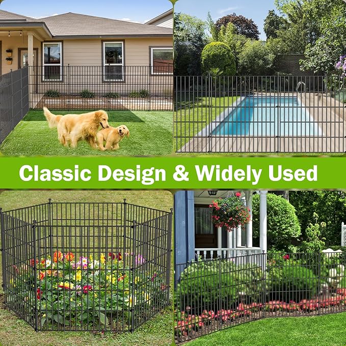 15 Panels No Dig Decorative Outdoor Garden Fence with Gate for Yard, 32 in(H) X 35.4 ft(L) Animal Barrier Fencing Rustproof Metal Wire Panel Border for Dog, Rabbits, and Patio Temporary Ground Stakes