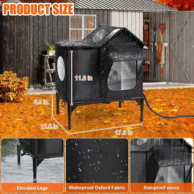 Heated Outdoor Cat House Weatherproof with Heating Pad, Insulated Feral Cat Houses for Outdoor Cats, Safe Escape Door, Heated Cats House for Outside, Outside Stray Cats Shelter with Elevated Base(S)
