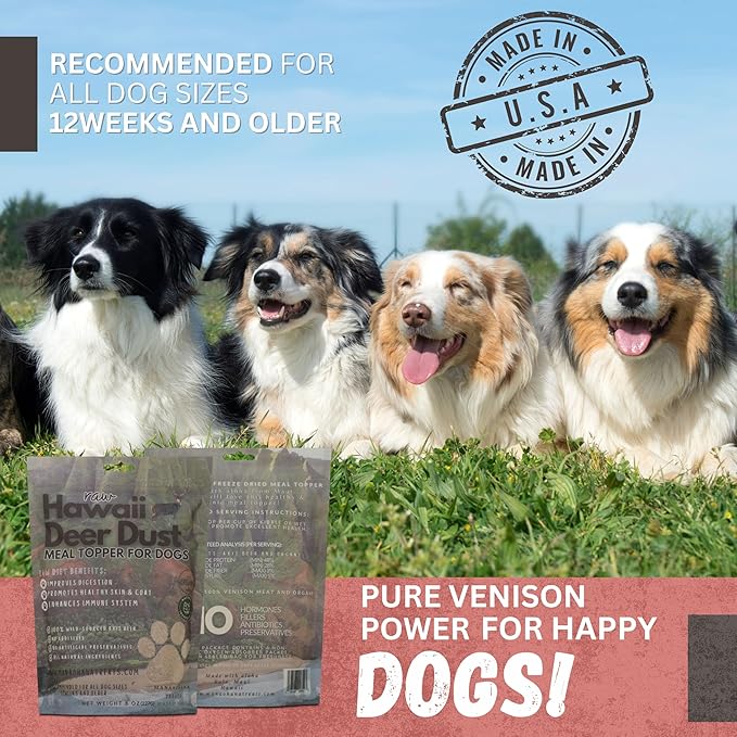 Deer Dust Meal Topper for Dogs – 100% Venison, Grain-Free, High Protein, All-Natural Dog Food Topper – No Additives, Supports Joints, Immunity & Digestion – 8 oz – Made in USA