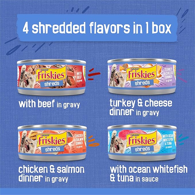 Friskies Purina Gravy Wet Cat Food Variety Pack,Savory Shreds with Beef,Turkey and Cheese Dinner,Chicken and Salmon Dinner,with Ocean Whitefish-and Tuna - 5.5 oz. Cans,(Pack of 64)
