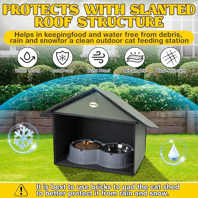 Dreyoo Outdoor Cat Feeding Station for Food & Water, Weatherproof Outdoor Kitty Dining Room Cat Shelter for Stray, Feral Cats and Community Cats, 13”d x 17”w x 15.5'h (1 Pack,Dark Green)