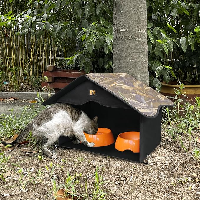Outdoor Cat House, Waterproof Pet Shelter/Dining Room, for Feral/Community Cats (Camo1)
