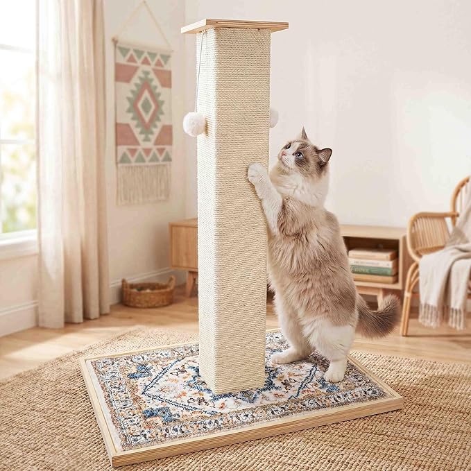 Tall Cat Scratching Post, 33" Boho Carpet Cat Scratcher with Perch for Indoor Cats, Large Base Sisal Scratch Post for Adults & Kittens with Dangling Ball Toy