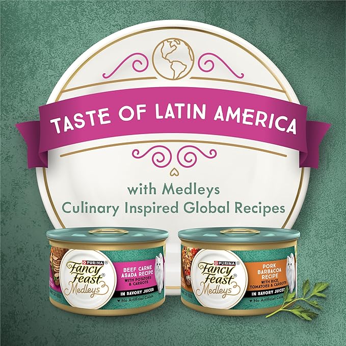 Purina Fancy Feast Medleys Wet Food For Cats Pork Barbacoa With Rice, Tomatoes and Carrots in Savory Juices - (Pack of 24) 3 oz. Cans