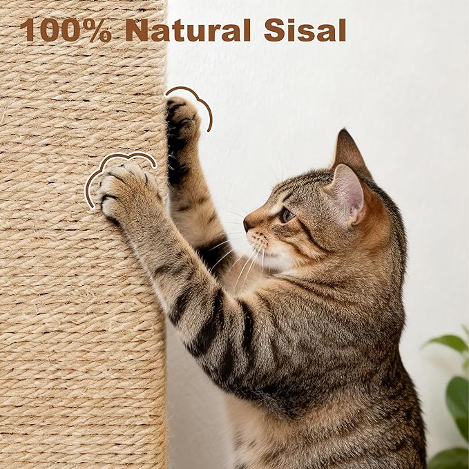 Tall Cat Scratching Post, 33" Boho Carpet Cat Scratcher with Perch for Indoor Cats, Large Base Sisal Scratch Post for Adults & Kittens with Dangling Ball Toy