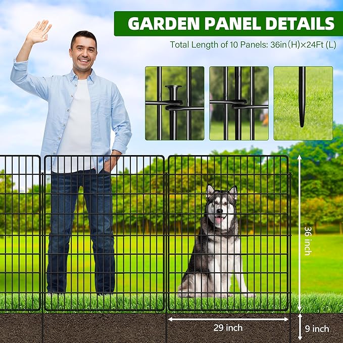 10 Panels Dog Fence Outdoor for Yard, 36 in(H) X 24 ft(L) Decorative Garden Fence Rustproof No Dig Animal Barrier Fencing Metal Wire Panel Border Patio Rabbits Ground Stakes Fencing