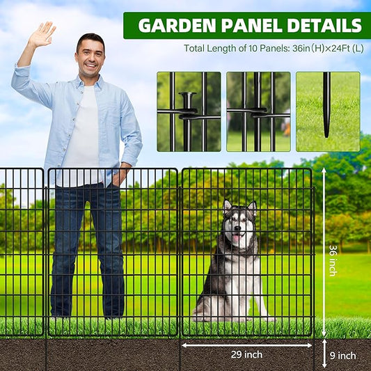 10 Panels Dog Fence Outdoor for Yard, 36 in(H) X 24 ft(L) Decorative Garden Fence Rustproof No Dig Animal Barrier Fencing Metal Wire Panel Border Patio Rabbits Ground Stakes Fencing