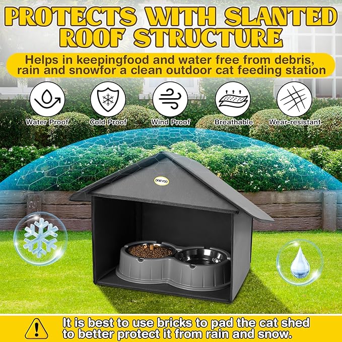Dreyoo Outdoor Cat Feeding Station for Food & Water, Weatherproof Outdoor Kitty Dining Room Cat Shelter for Stray, Feral Cats and Community Cats, 13”d x 17”w x 15.5'h(1 Pack,Dark Grey)