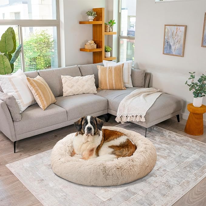 Best Friends by Sheri The Original Calming Donut Dog Bed – Washable Plush Pet Bed for XL Breeds up to 150 lbs, Shag Faux Fur, Taupe, XL (45" x 45")