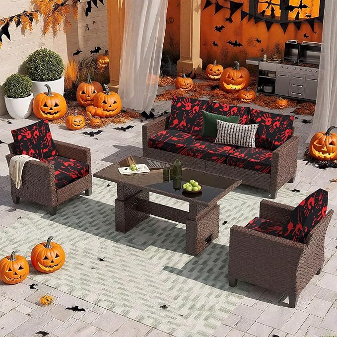 HANDONTIME 8Pcs Halloween Patio Cushion Covers Stretch Couch Covers Black and Red Abstract Replacement Cushions for Outdoor Halloween Patio Furniture Covers for Pets Sofa Covers Washable, Cover Only
