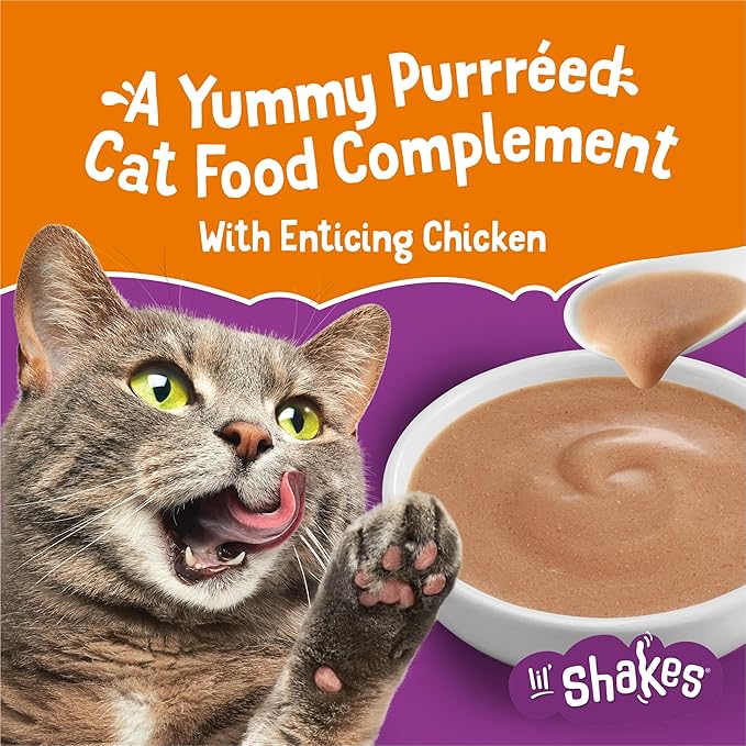 Friskies Purina Pureed Cat Food Topper,Lil’ Shakes with Enticing Chicken Lickable Cat Treats - 1.55 oz. Pouches,(Pack of 32)