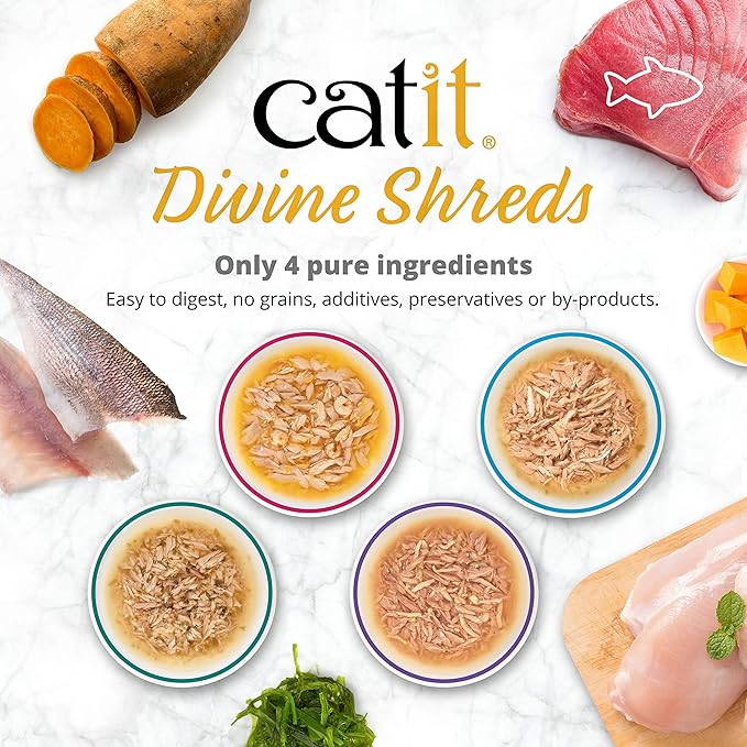 Catit Divine Shreds Premium Cat Food Topper, Tuna with Shrimp & Pumpkin (Pack of 4)