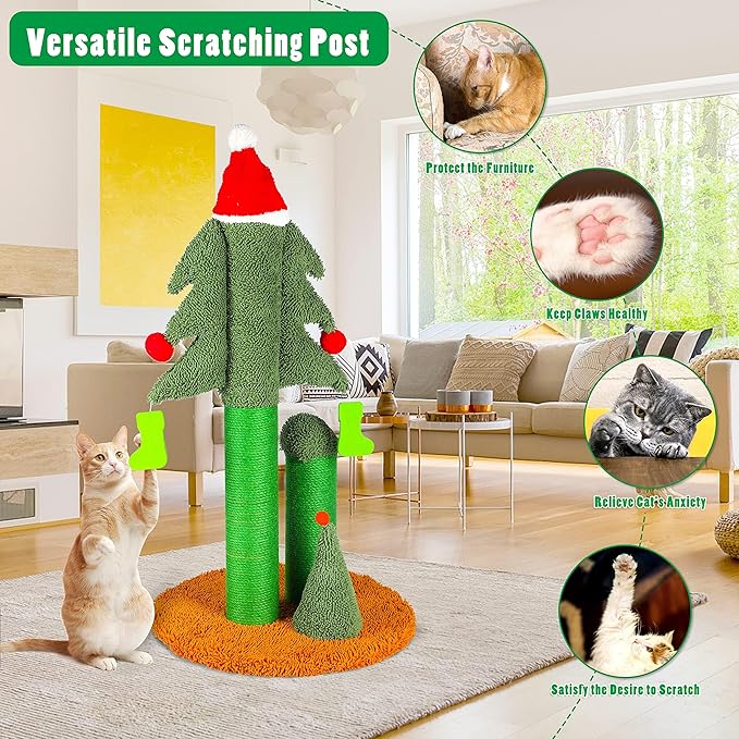 FluffyDream 32” Cat Scratching Post, Tall Christmas Tree Cat Scratcher with 3 Posts and Cute Dangling Teaser Balls, Natural Sisal Rope Cat Toys for Kitty and Adult Cats