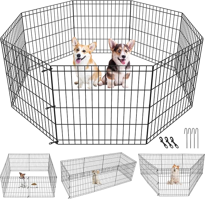 Pet Dog Playpen 24/30/36/42/48 Inch Metal Portable Dog Exercise Pen Indoor Outdoor Folding Yard Puppy Dog Fence for Small Medium Large Dogs 8 Panel