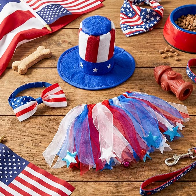 4th of July Dog Outfit Accessories - Large Dog Patriotic Costume with American Flag Collar Top Hat Red White Blue Bow Tie for Large Puppy, Pet Clothes Independence Day Parade Supplies Party Favor