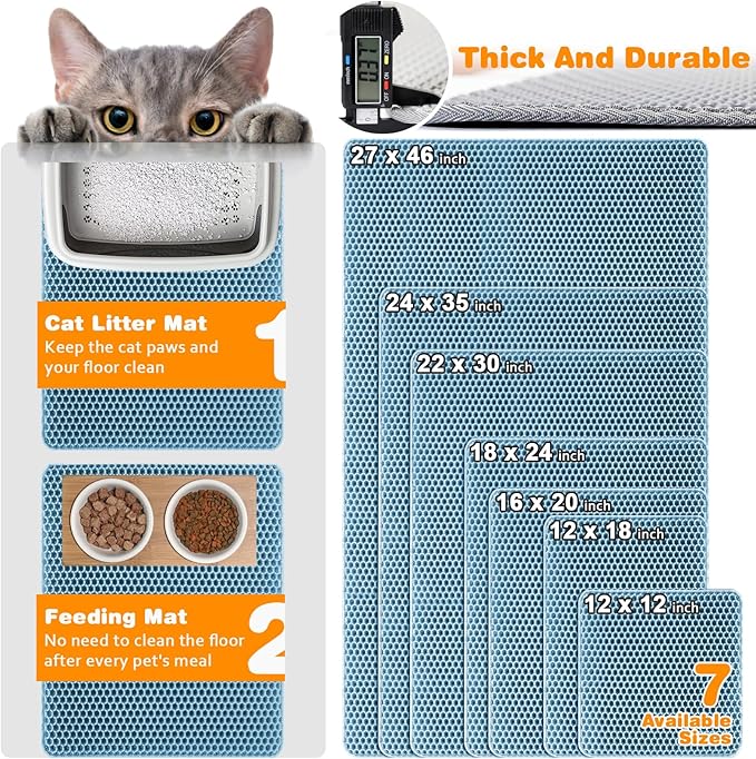 Waterproof Cat Litter Mat, Double Layer EVA, Odor-Free Large Grid, Urine Proof, Easy Cleanup 24 x 35, Blue