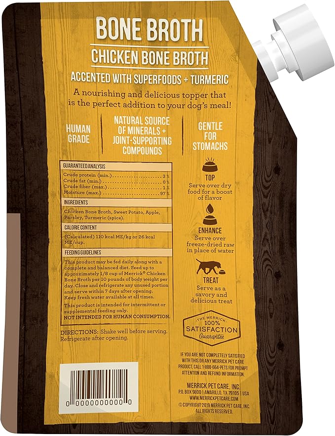Merrick Grain Free Bone Broth Natural Meal Topper for Dogs, Accented with Superfoods & Cinnamon, for Adult Dogs of All Breeds (Chicken, 16 Ounce,Pack of 3)