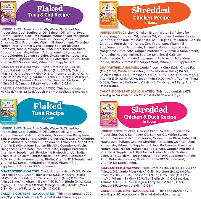 Wellness Appetizing Entrées Flaked & Shredded Adult Wet Cat Food, Natural, Protein-Rich, Grain Free, 2.8 Ounce Pouch, 8 Pack (Seafood & Poultry Variety Pack)