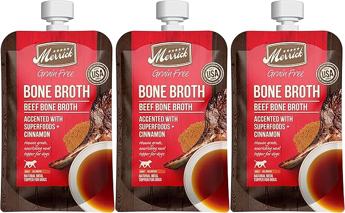Merrick Grain Free Bone Broth Natural Meal Topper for Dogs, Accented with Superfoods & Cinnamon, for Adult Dogs of All Breeds Beef, 7 Ounce,(Pack of 3)