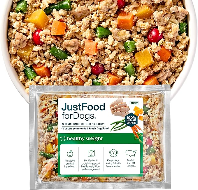 JustFoodForDogs Fresh Frozen Healthy Weight Management Dog Food, Fresh Pet Meals or Toppers for Dog Weight Control, Human Grade, Vet Recommended, High Fiber, Lean Pork, 18-oz Pouch, case of 14