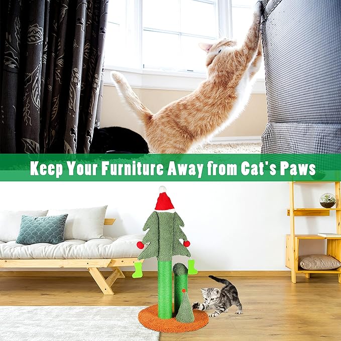 FluffyDream 32” Cat Scratching Post, Tall Christmas Tree Cat Scratcher with 3 Posts and Cute Dangling Teaser Balls, Natural Sisal Rope Cat Toys for Kitty and Adult Cats