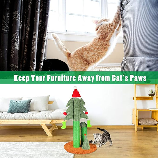 FluffyDream 32” Cat Scratching Post, Tall Christmas Tree Cat Scratcher with 3 Posts and Cute Dangling Teaser Balls, Natural Sisal Rope Cat Toys for Kitty and Adult Cats