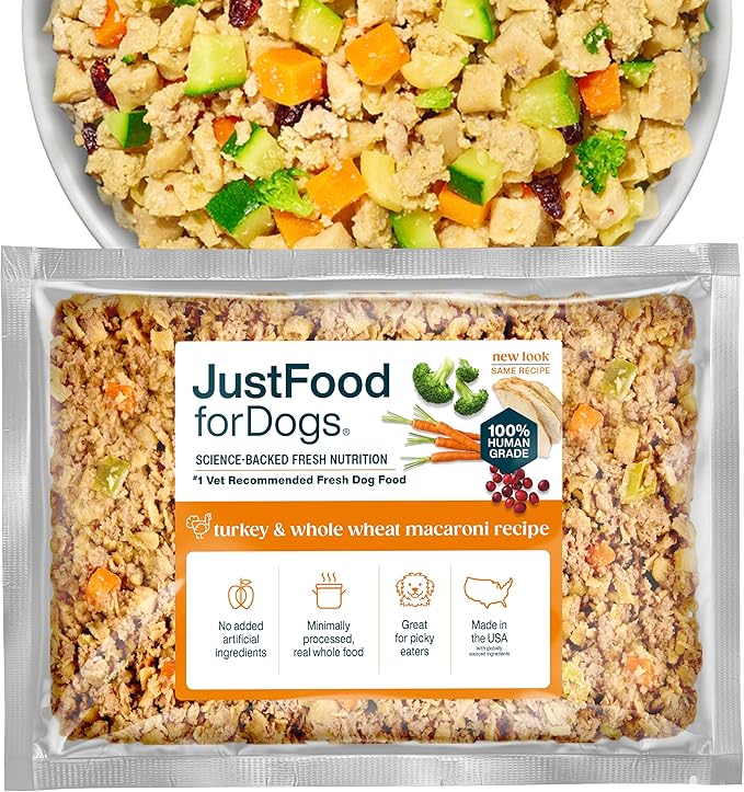 JustFoodForDogs Frozen Fresh Dog Food, Complete Meal or Dog Food Topper, Turkey & Whole Wheat Macaroni Human Grade Dog Food Recipe, 72 oz (Pack of 7)