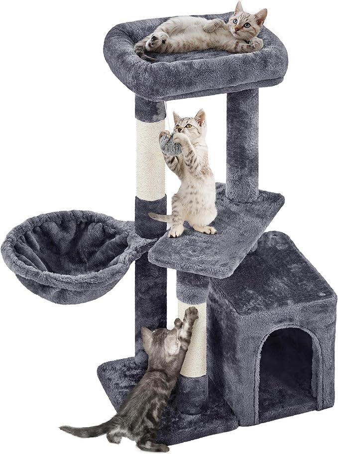 Yaheetech 34.5in Scratching Post, Cat Scratchers for Indoor Cats and Kittens, Multifunctional Activity Post w/Sisal Rope＆Dangling Ball＆Large Condo, Dark Gray