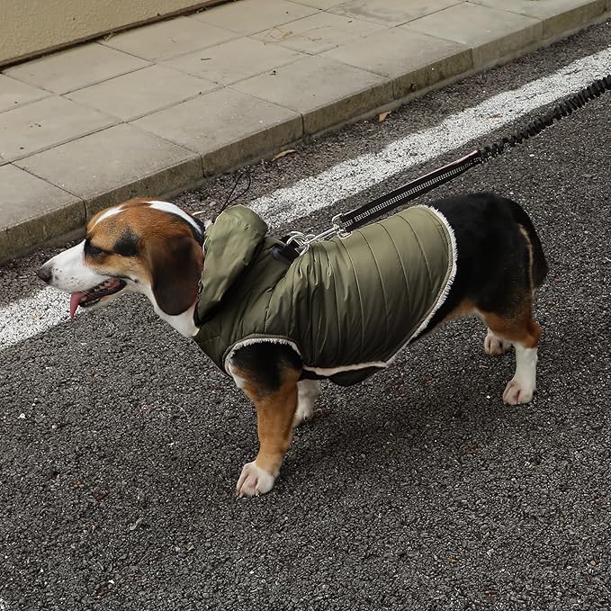 Fleece Lining Dog Hoodie with Harness Built in,Extra Warm Large Dog Jacket in Winter Doggie Coats with Drawstring Hooded,Green XXXL