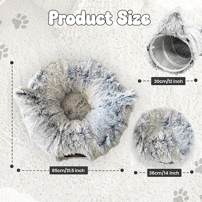 Cat Donut Tunnel Bed with 3pcs Mouse Ball Toy - Cat Tunnel for Under Christmas Tree & Cat Tunnel Bed Cave - Soft cat cave Bed – 3-in-1 Cat Tunnels for Indoor Cats, Kittens, Puppies, Rabbits (Grey)