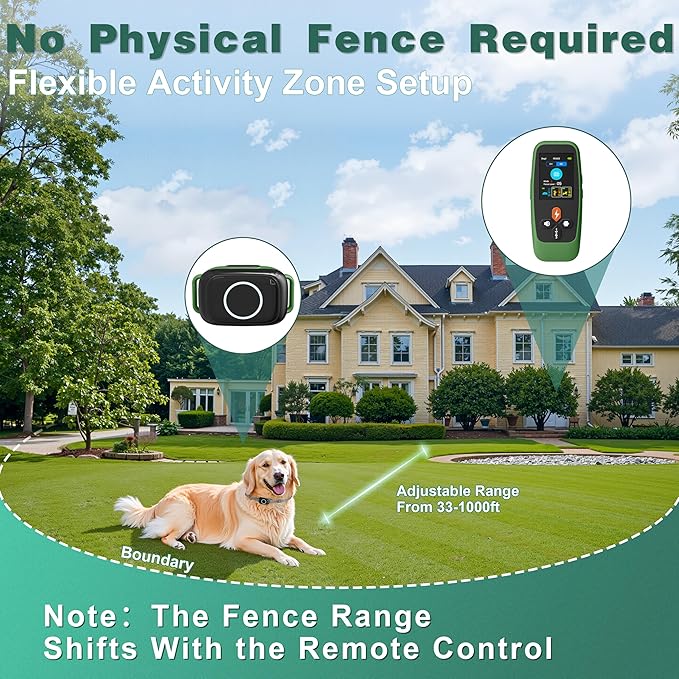 4-in-1 Wireless Dog Fence System Electric Dog Fence with Training Collar & Anti-Bark Collar, Real-Time Pet Status Display, Portable Waterproof Outdoor Pet Containment System