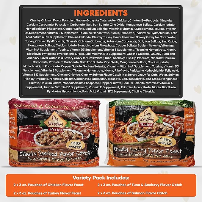 Scoochie Pet Products Chef Scoochie's Gourmet Wet Cat Food Variety Pack with Natural Poultry & Seafood Flavors - Tender Chunks in Gravy Cat, 16 Individual Pouches (3oz Each 8 Pouches of Each Flavor)