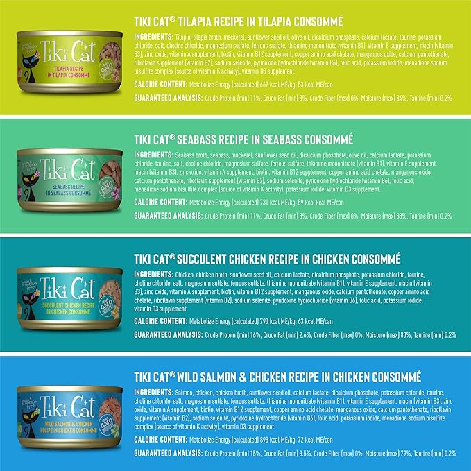 Tiki Cat Luau Grain-Free, Low-Carbohydrate Wet Food with Poultry or Fish in Consomme for Adult Cats & Kittens, 2.8oz, 12pk, Variety