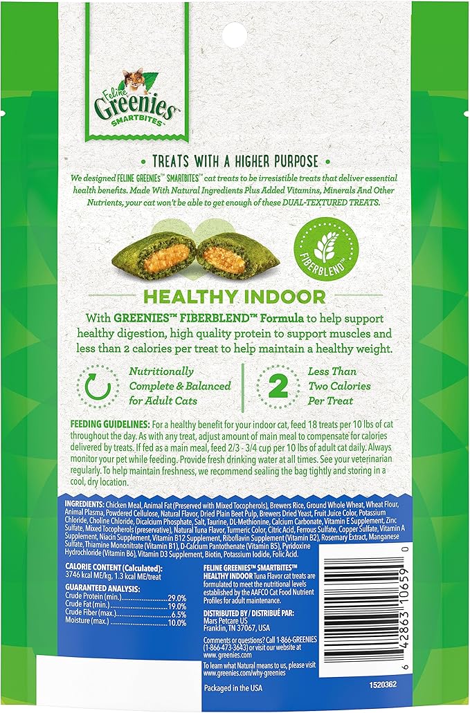 Greenies Feline Smartbites Healthy Indoor Natural Treats for Cats, Tuna Flavor, 4.6 oz. Pouch (Pack of 2)