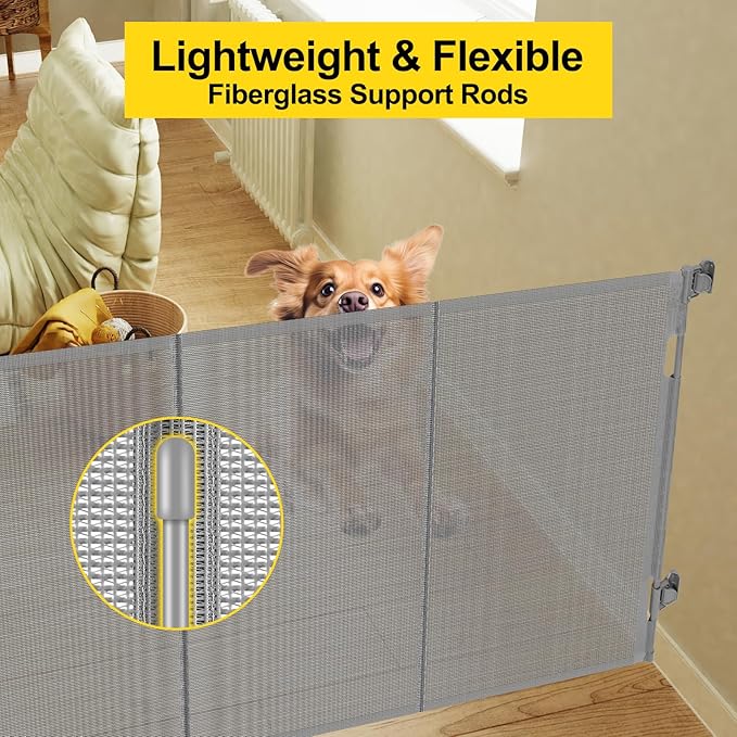 Reinforced 42” Extra Tall Pet Gate for Doorways, Extends up to 60” Wide, Extra Tall Retractable Baby Gates with Rods to Prevent Crawling Through Retractable Mesh Dog Gate Indoor Outdoor, Gray